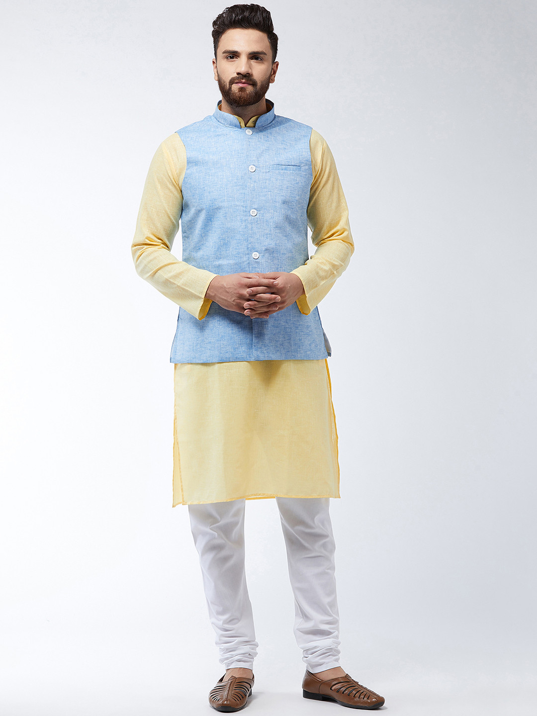 

SOJANYA Men Yellow & Blue Solid Kurta Set