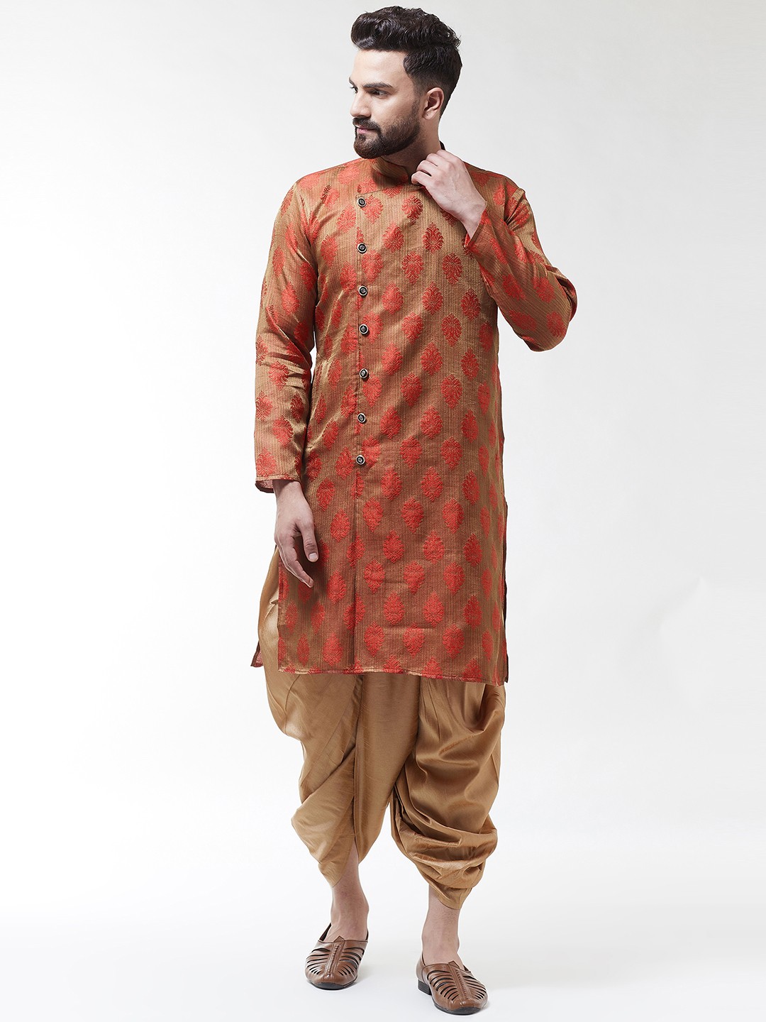 

SOJANYA Men Red & Gold-Coloured Self Design Kurta with Dhoti Pants