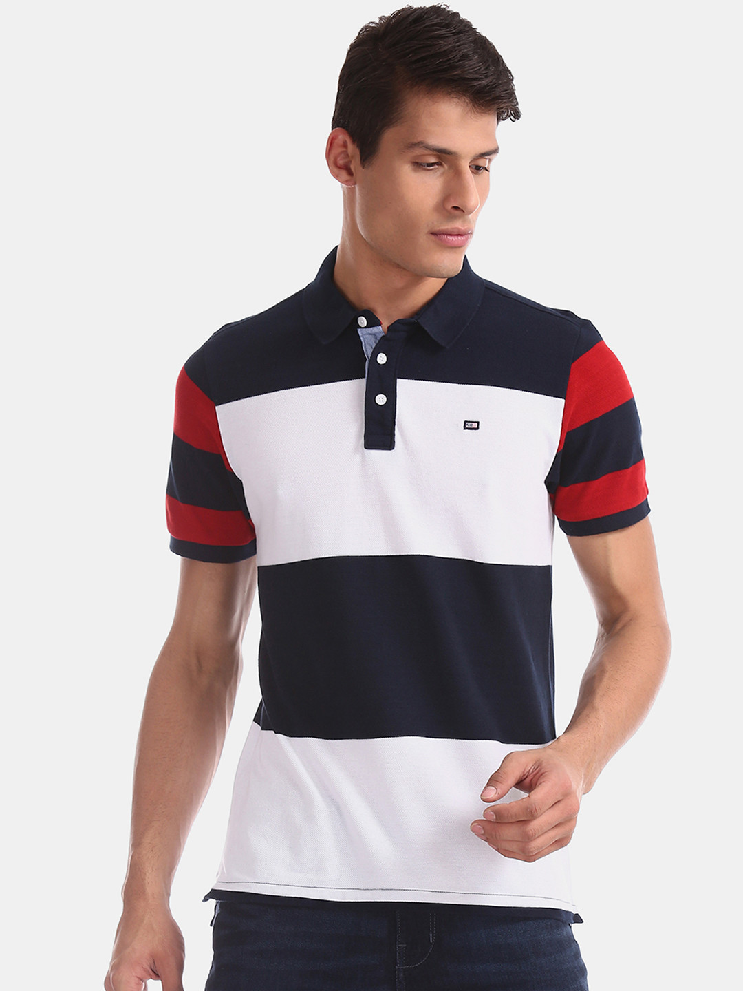 

Arrow Sport Men Blue Striped Polo Collar Pure Cotton T-shirt