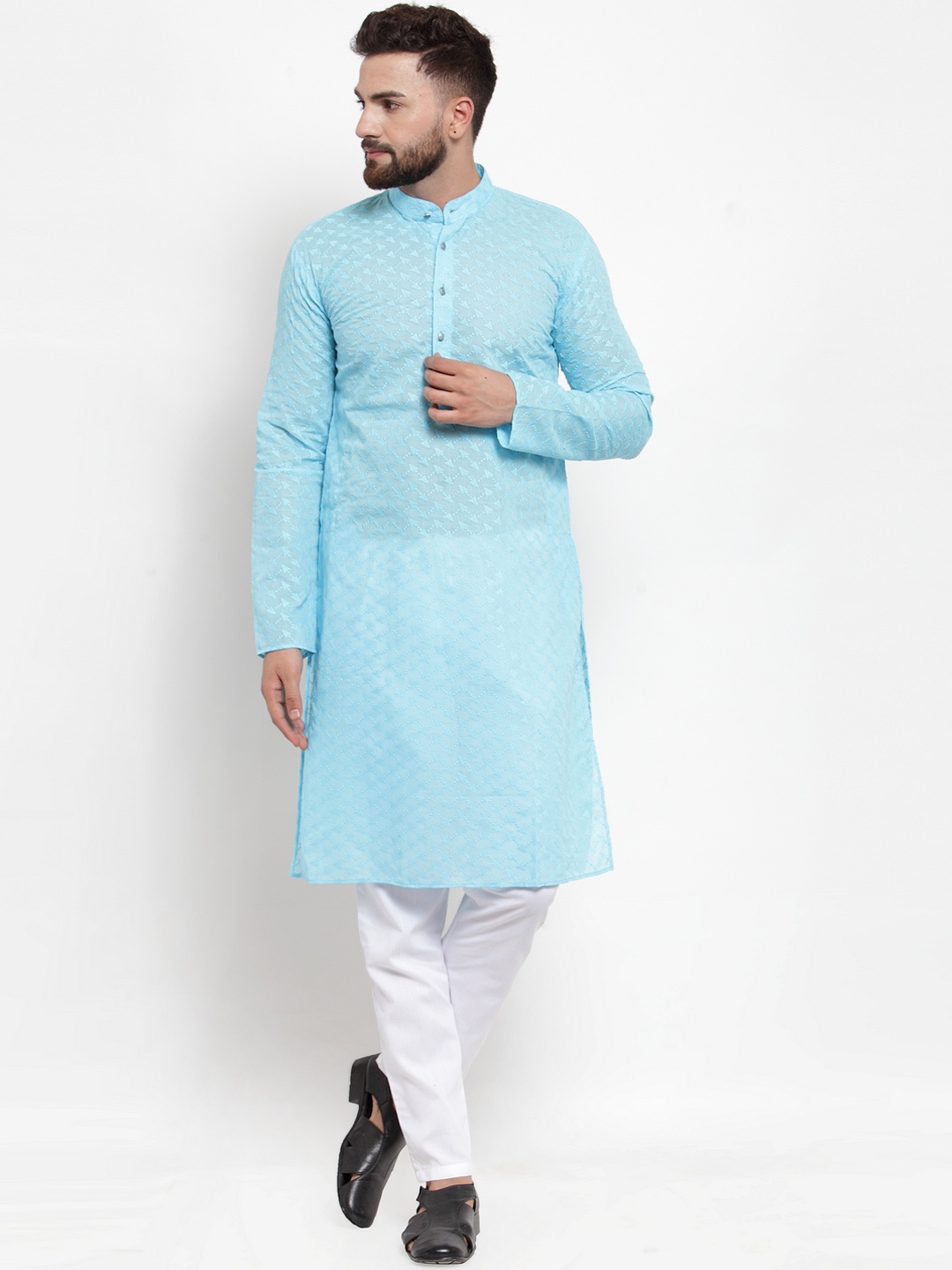

Jompers Men Turquoise Blue & White Self Design Kurta with Pyjamas