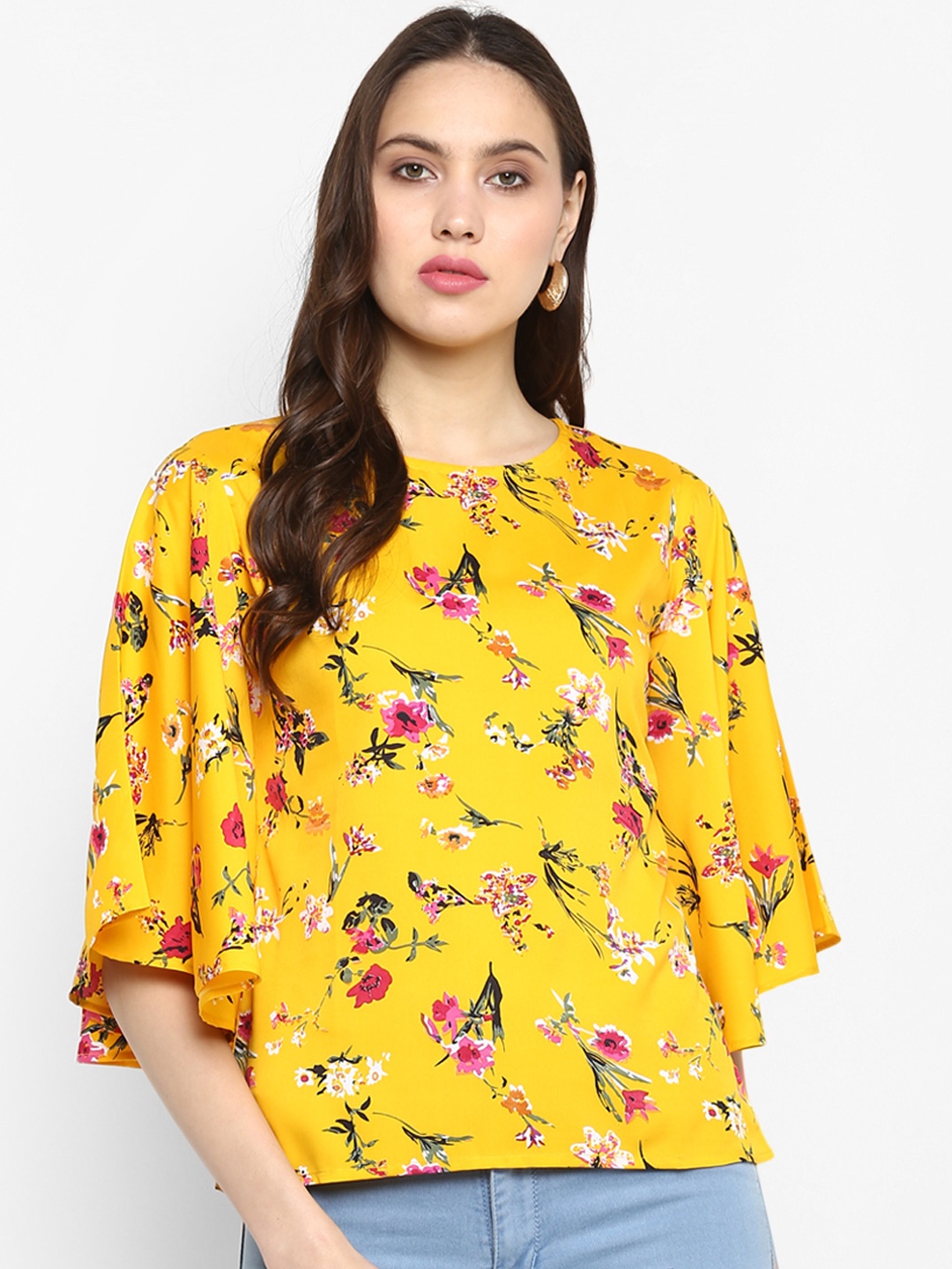 

One Femme Women Yellow Printed A-Line Top