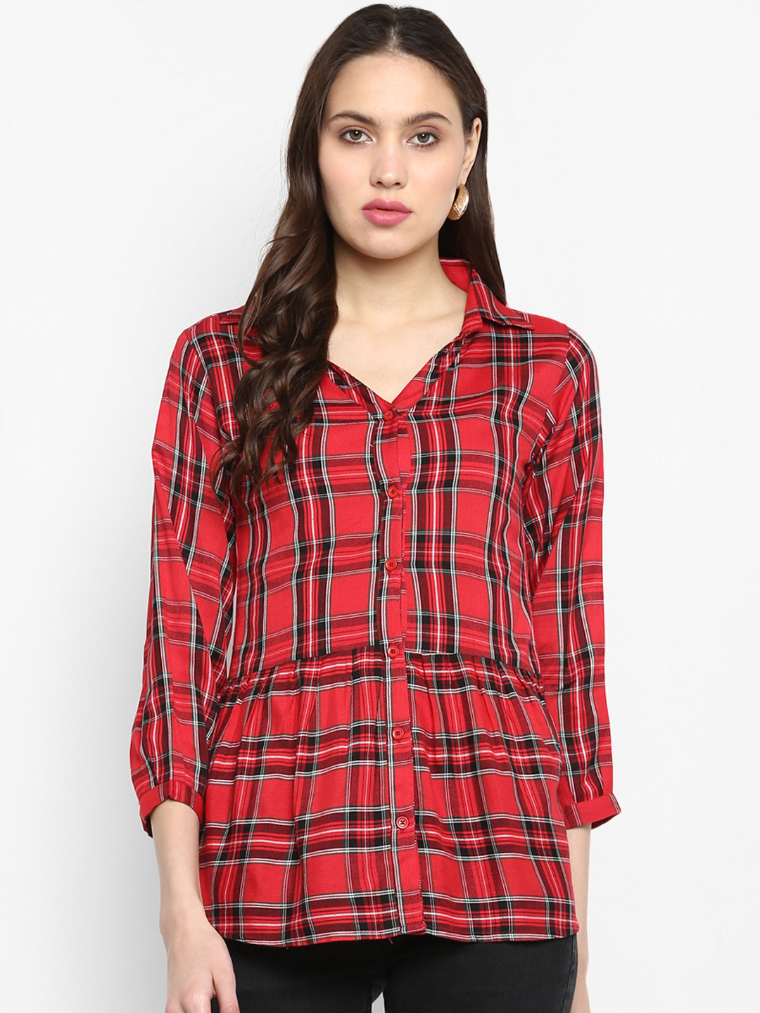 

One Femme Women Red Checked Pure Cotton Shirt Style Pure Cotton Top