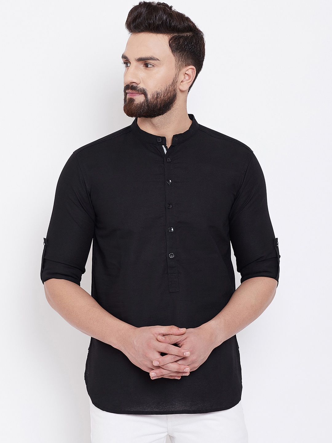 even Men Black Solid Straight Kurta
