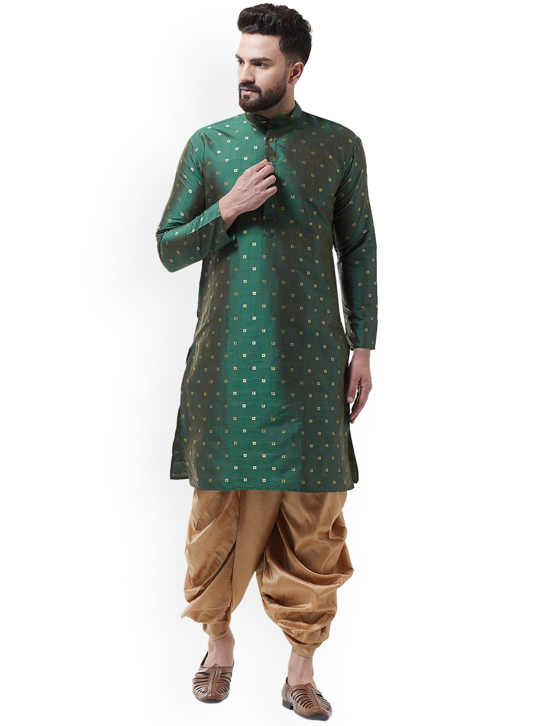 

SOJANYA Men Green & Gold-Coloured Self Design Kurta with Dhoti Pants