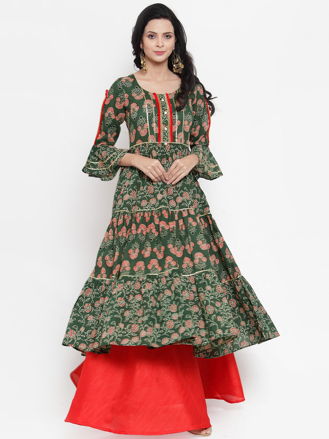 

Get Glamr Women Green & Orange Printed A-Line Kurta