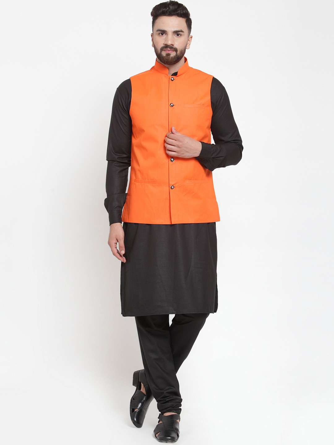 

Jompers Men Black & Orange Solid Kurta Set