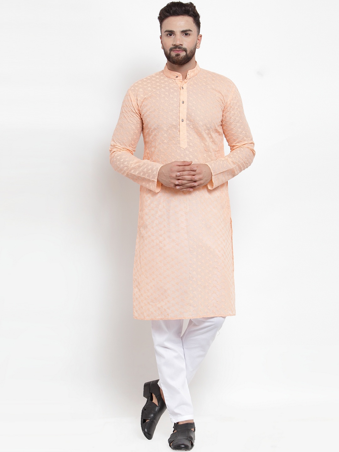 

Jompers Men Orange & White Self Design Kurta with Pyjamas