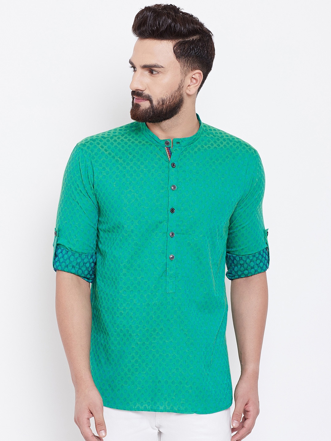 

even Men Green Woven Design Straight Kurta