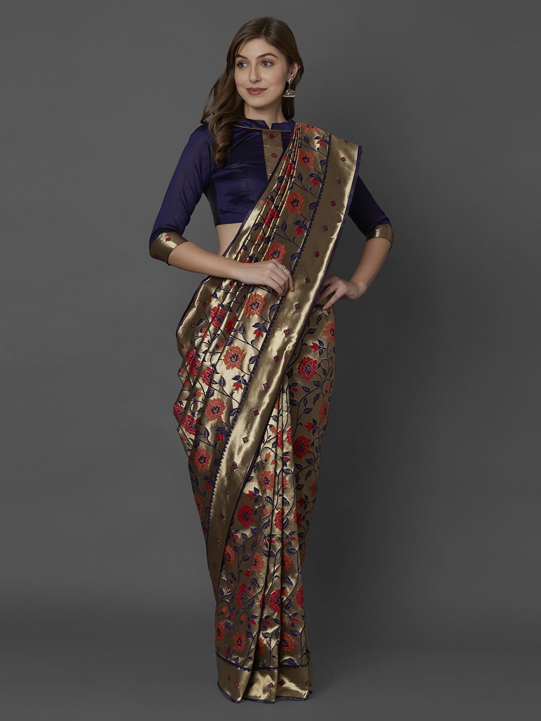 Mitera Navy Blue & Gold-Toned Silk Blend Woven Design Kanjeevaram Saree