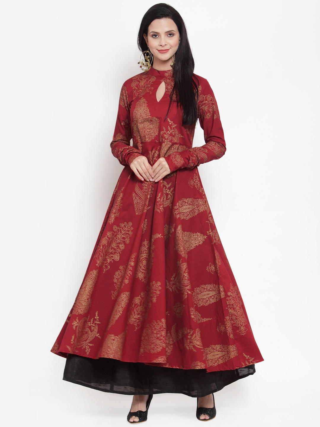

Get Glamr Women Maroon & Gold-Coloured Block Printed A-Line Kurta