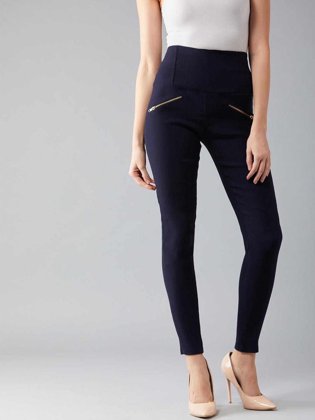 

DOLCE CRUDO Women Navy Blue Solid Slim Fit Treggings