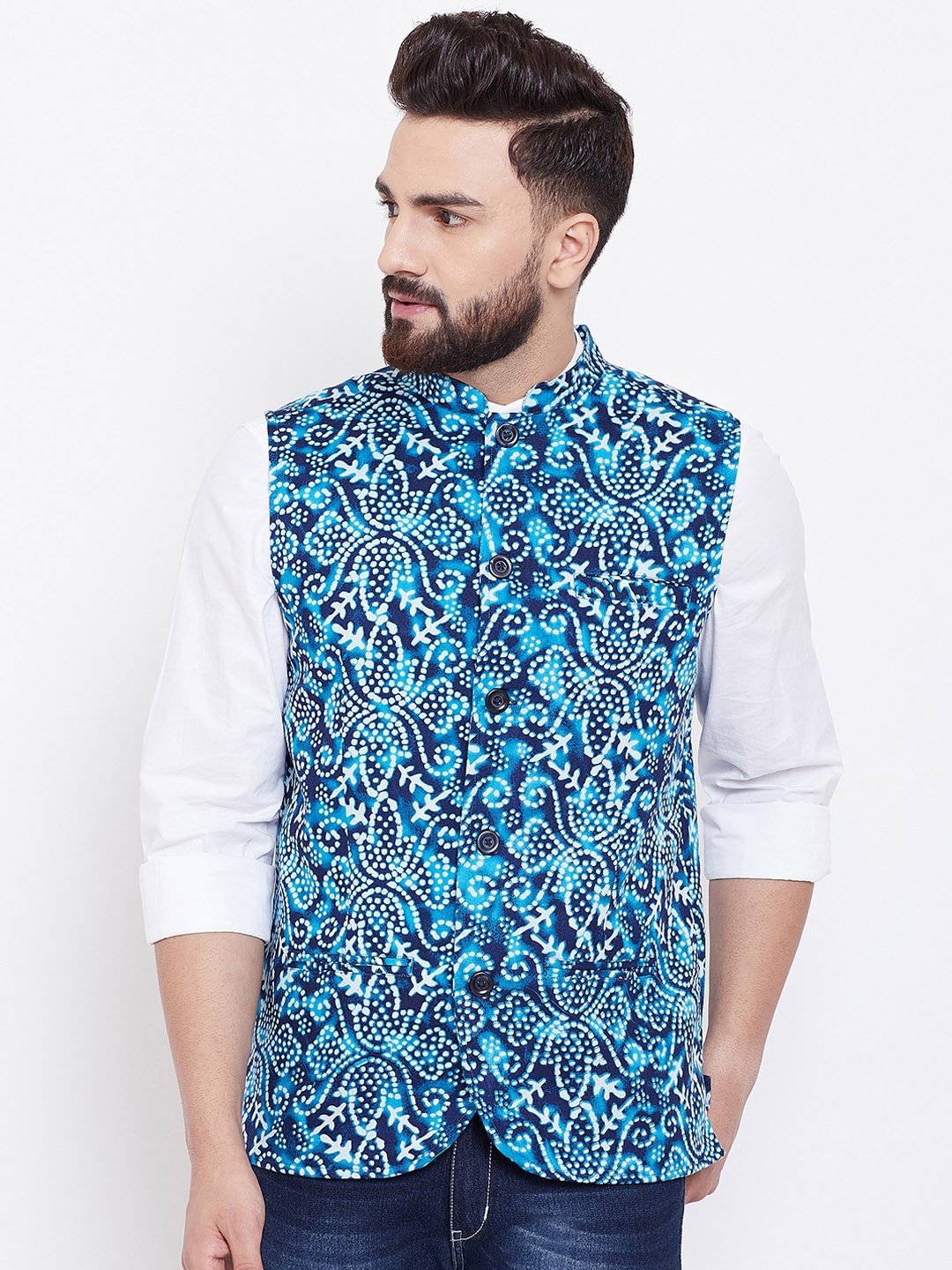 

even Men Blue Printed Nehru Jacket