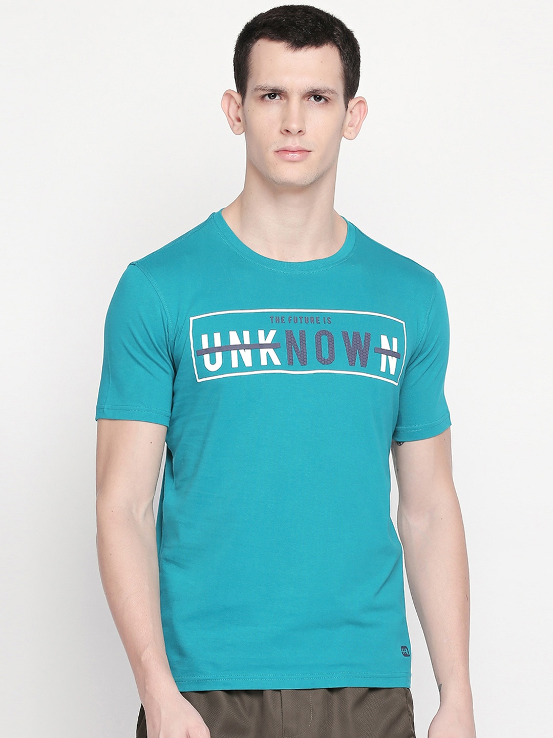 

Ajile by Pantaloons Men Teal Blue Printed Round Neck Pure Cotton T-shirt