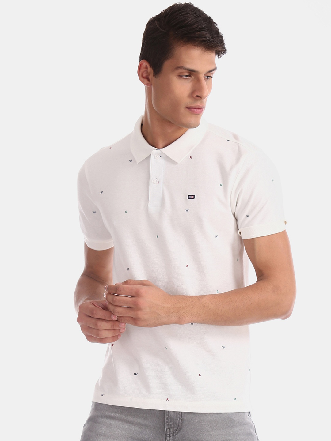 

Arrow Sport Men White Printed Polo Collar Pure Cotton T-shirt