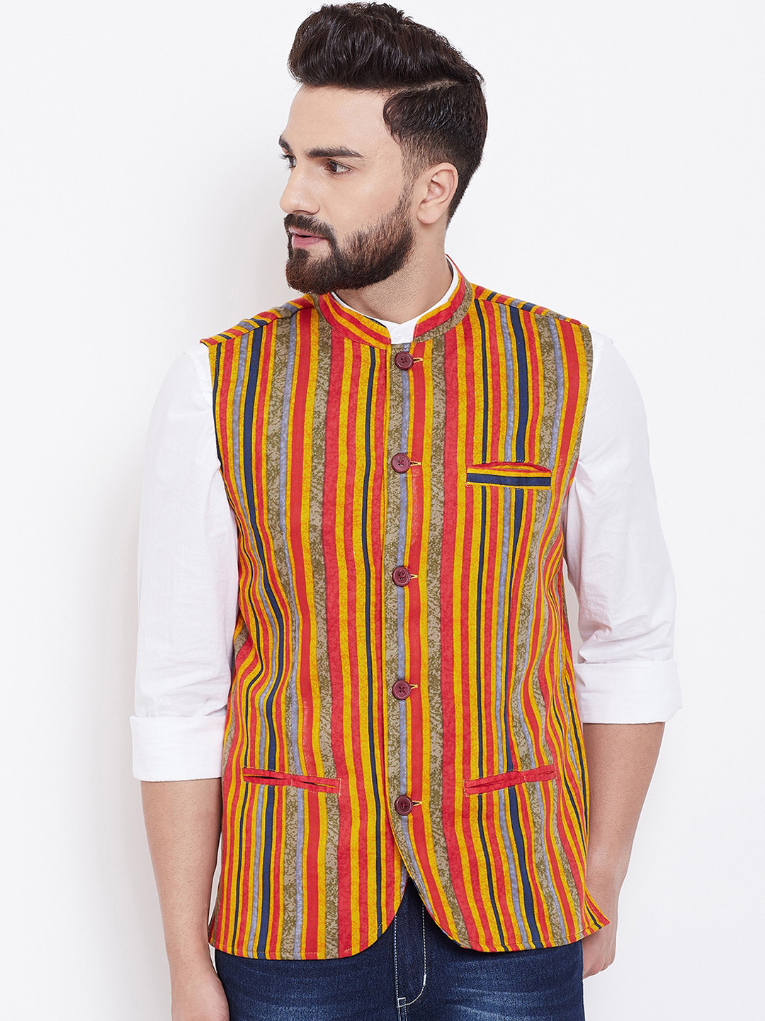 

even Men Yellow & Pink Striped Nehru Jacket, Multi