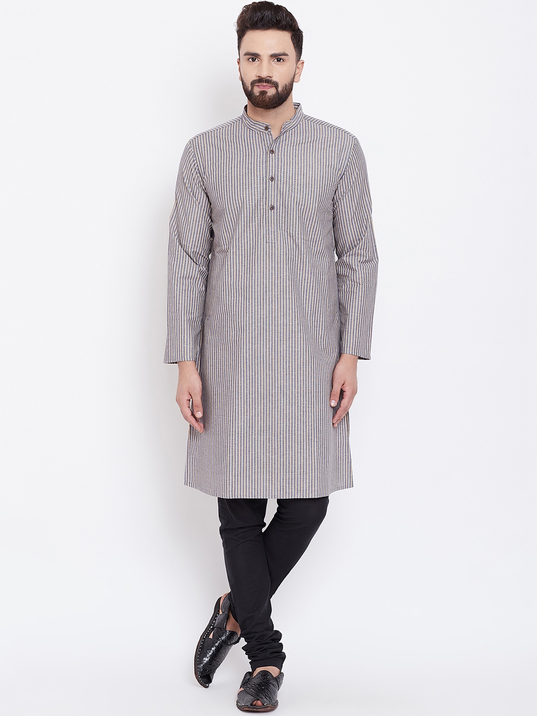

even Men Grey Striped Straight Kurta