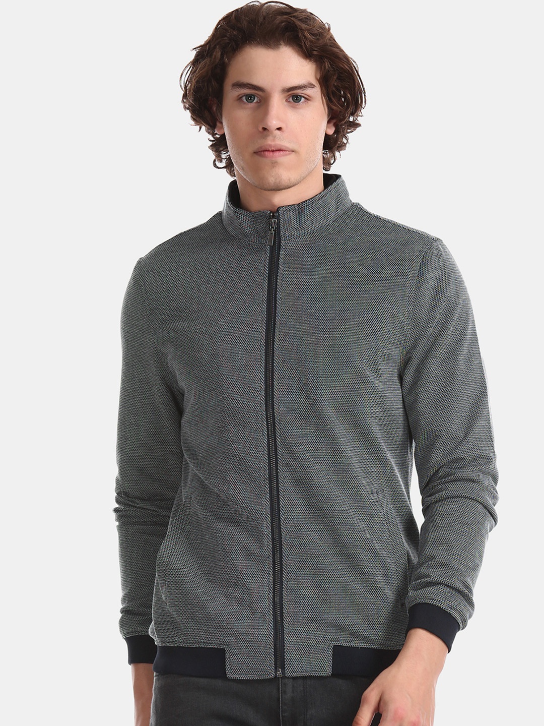 

Arrow Sport Men Blue Self Design Bomber Jacket