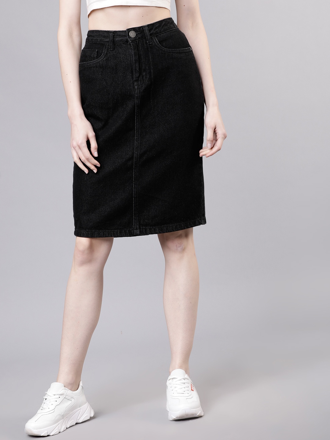 

Tokyo Talkies Women Black Pencil Denim Knee-Length Skirt