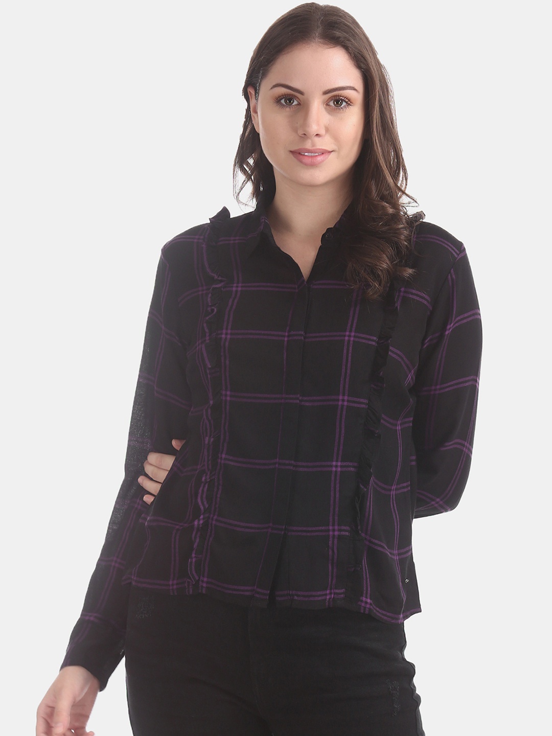 

Flying Machine Women Black & Purple Regular Fit Checked Casual Shirt