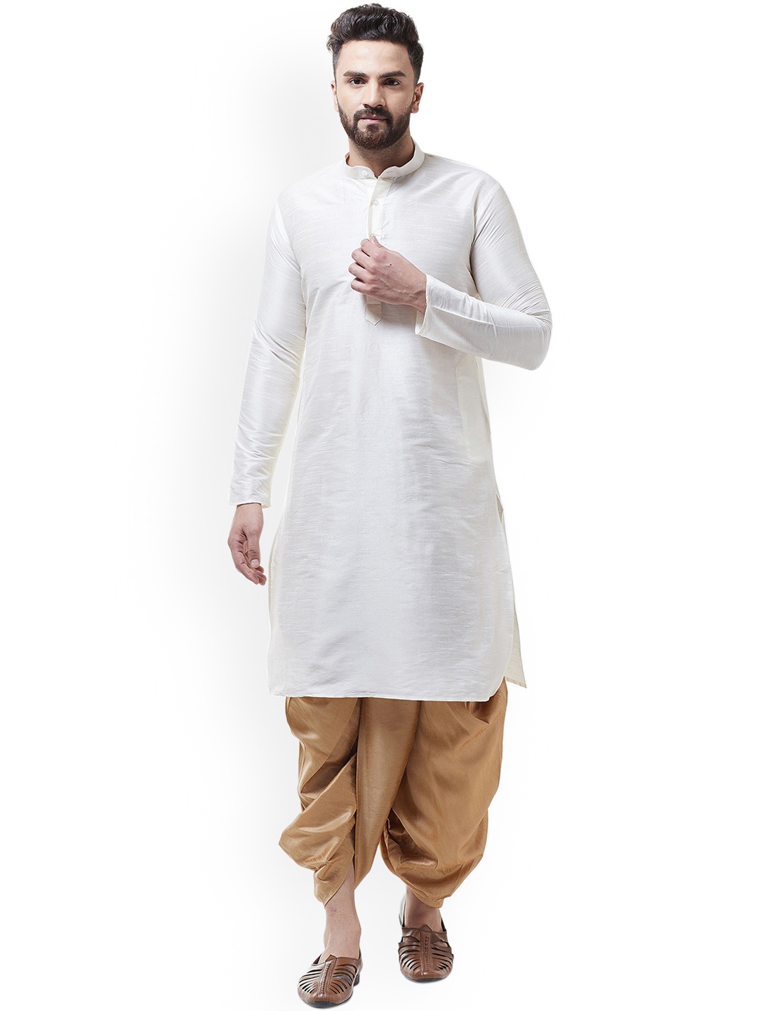 

SOJANYA Men Off-White & Gold-Coloured Solid Kurta with Dhoti Pants