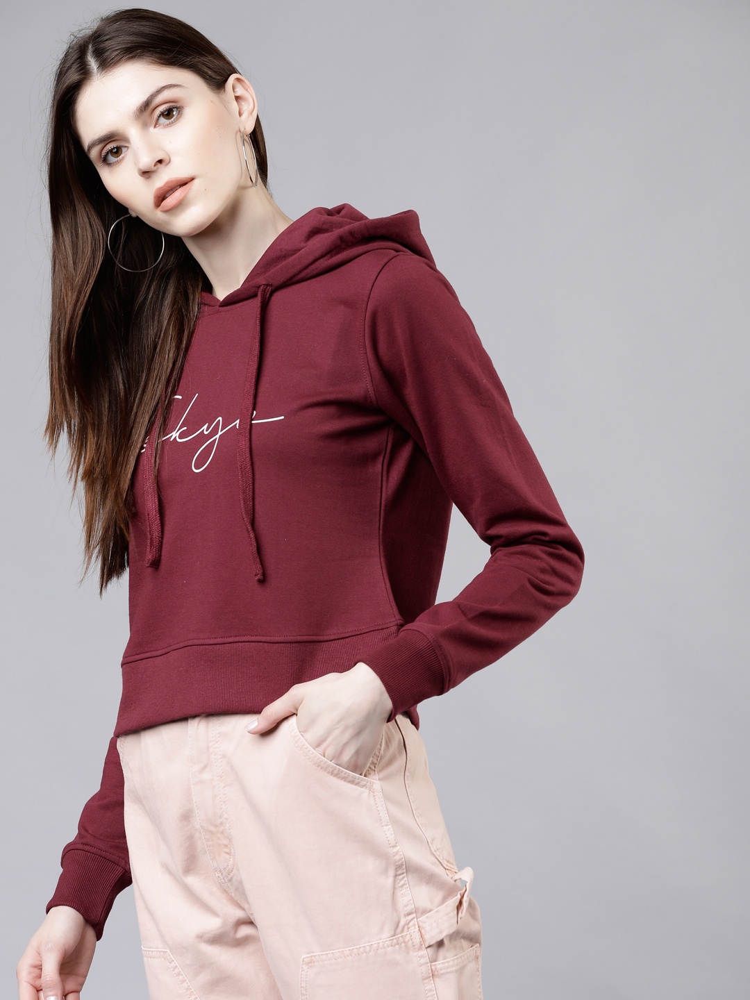 

Tokyo Talkies Women Maroon & White Printed Hooded Sweatshirt