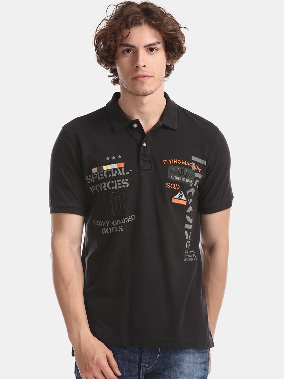 

Flying Machine Men Black Printed Polo Collar T-shirt