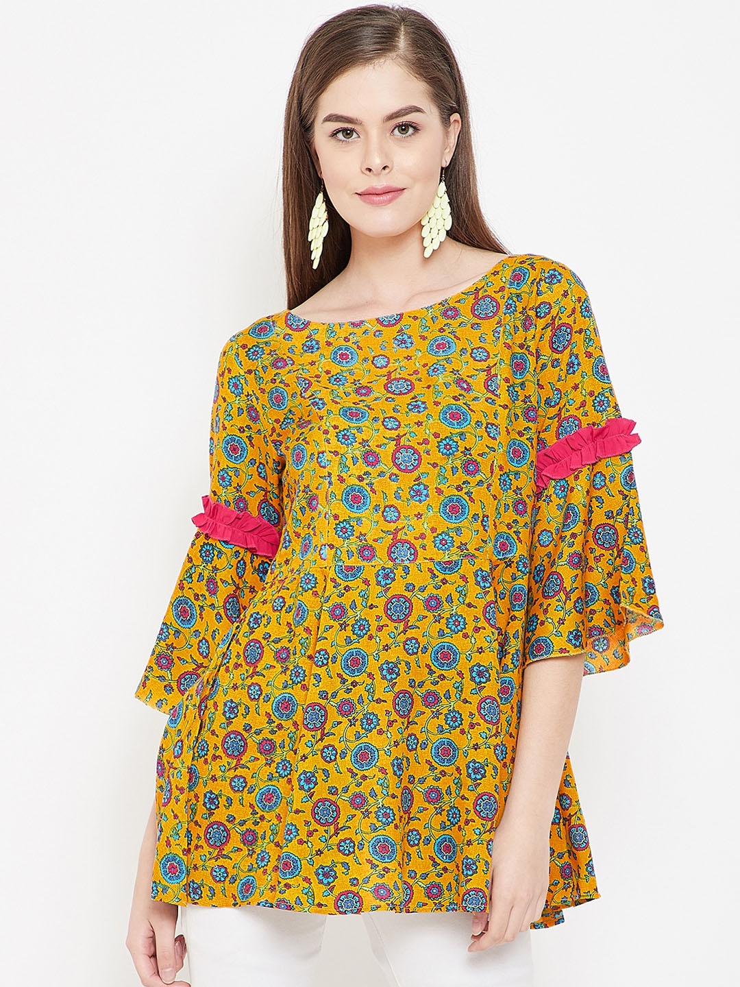 

PANIT Women Yellow Printed A-Line Top