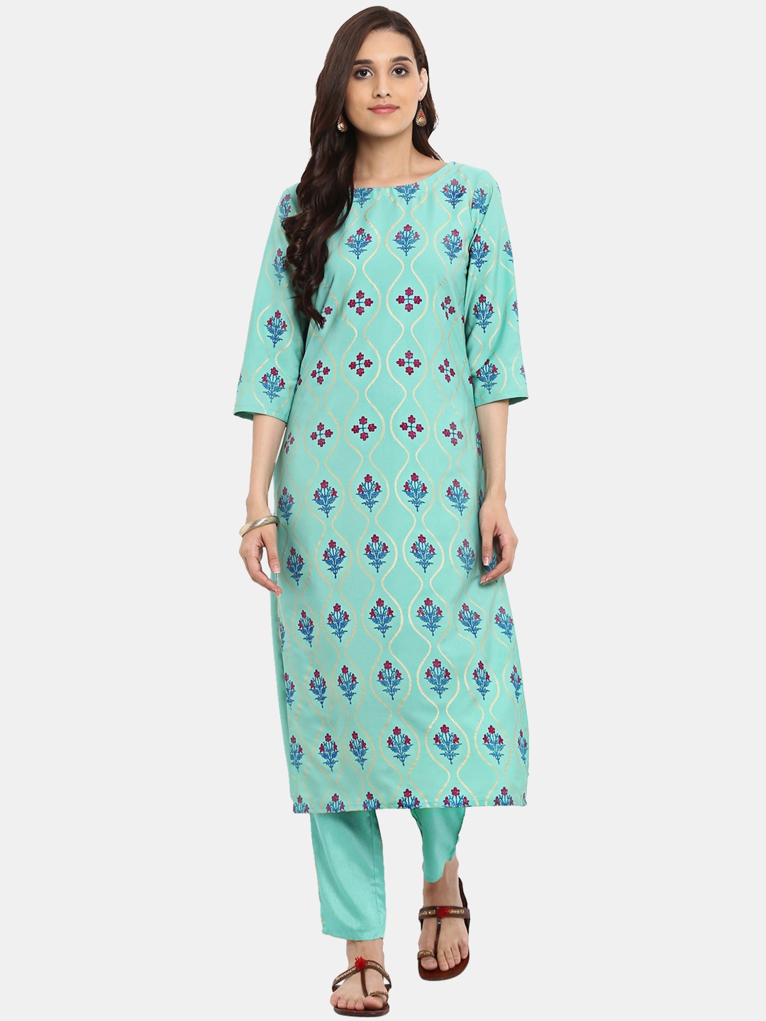 

ZIYAA Women Teal Blue Foil Printed Kurta with Trousers