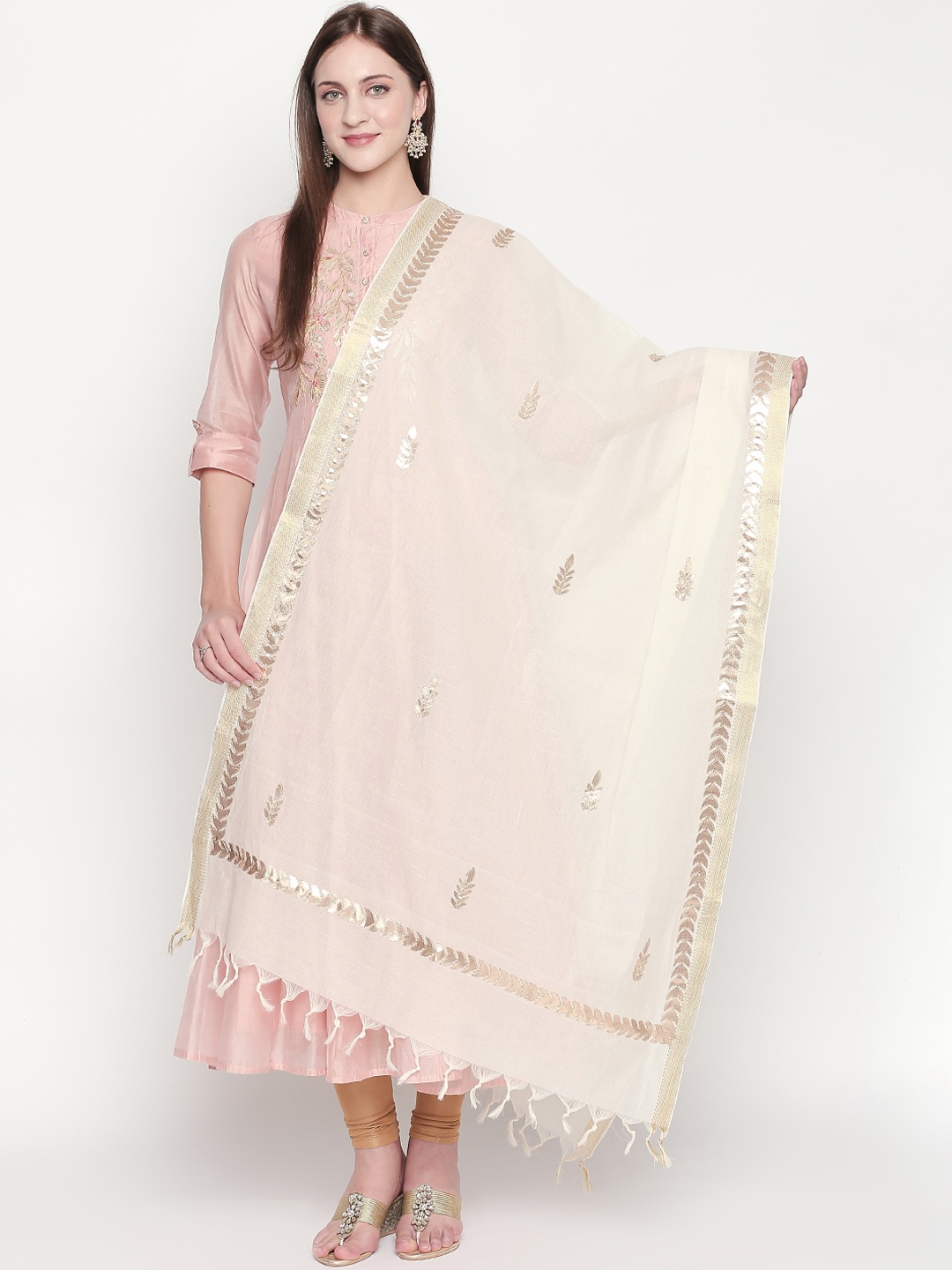 

Dupatta Bazaar Off-White & Gold-Toned Embroidered Dupatta with Gold Gotta