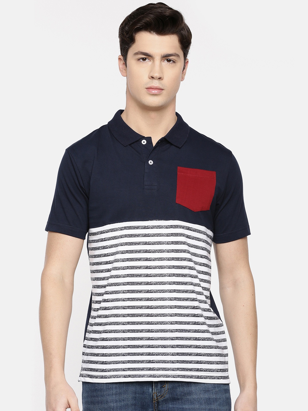 

Chennis Men Navy Blue Striped Round Neck T-shirt