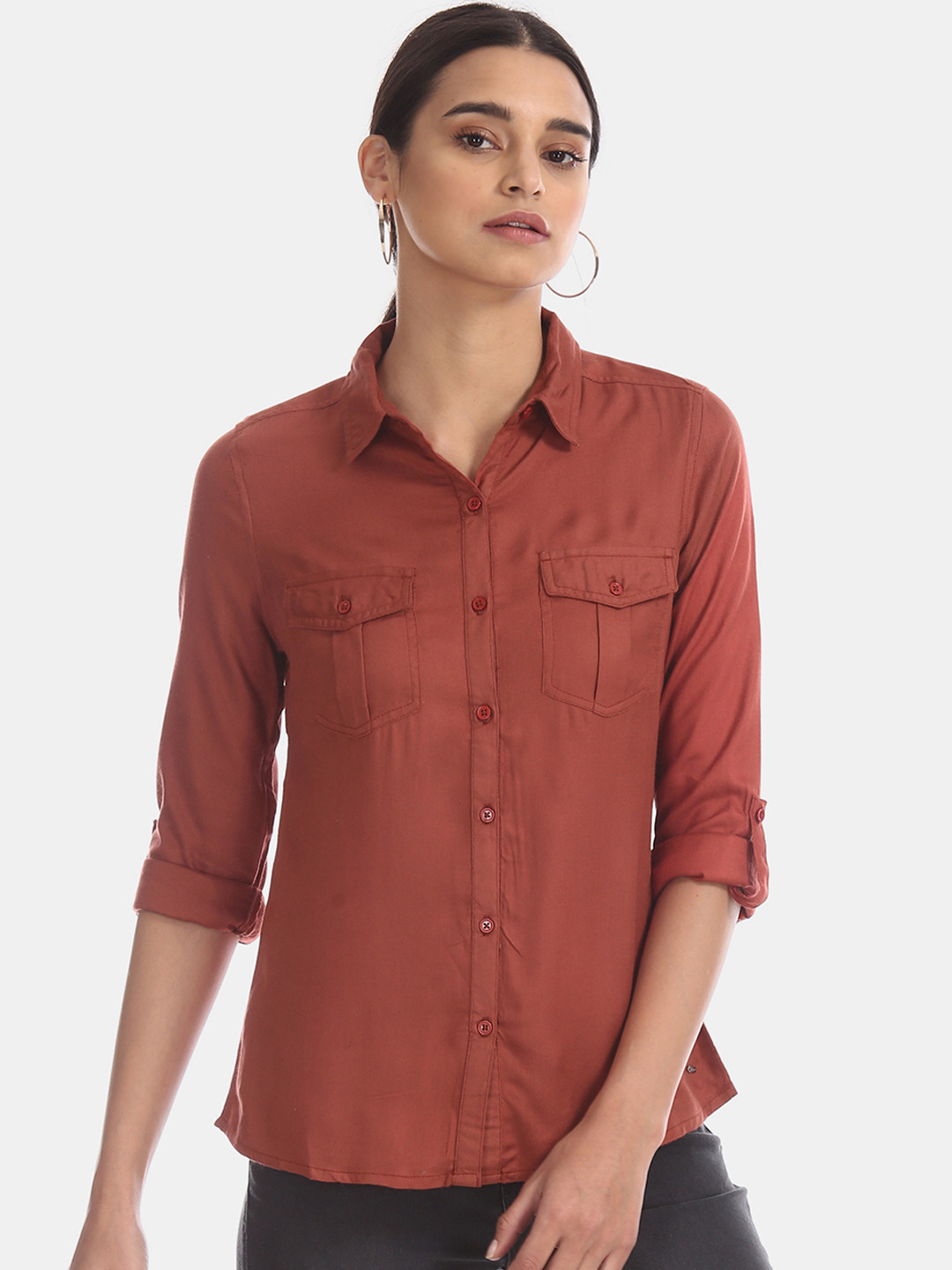 

Flying Machine Women Red Regular Fit Solid Casual Shirt