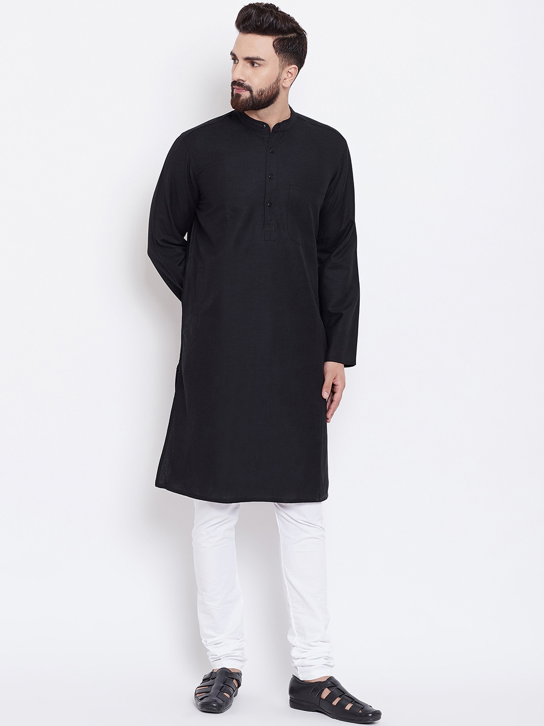 

even Men Black Solid Straight Kurta