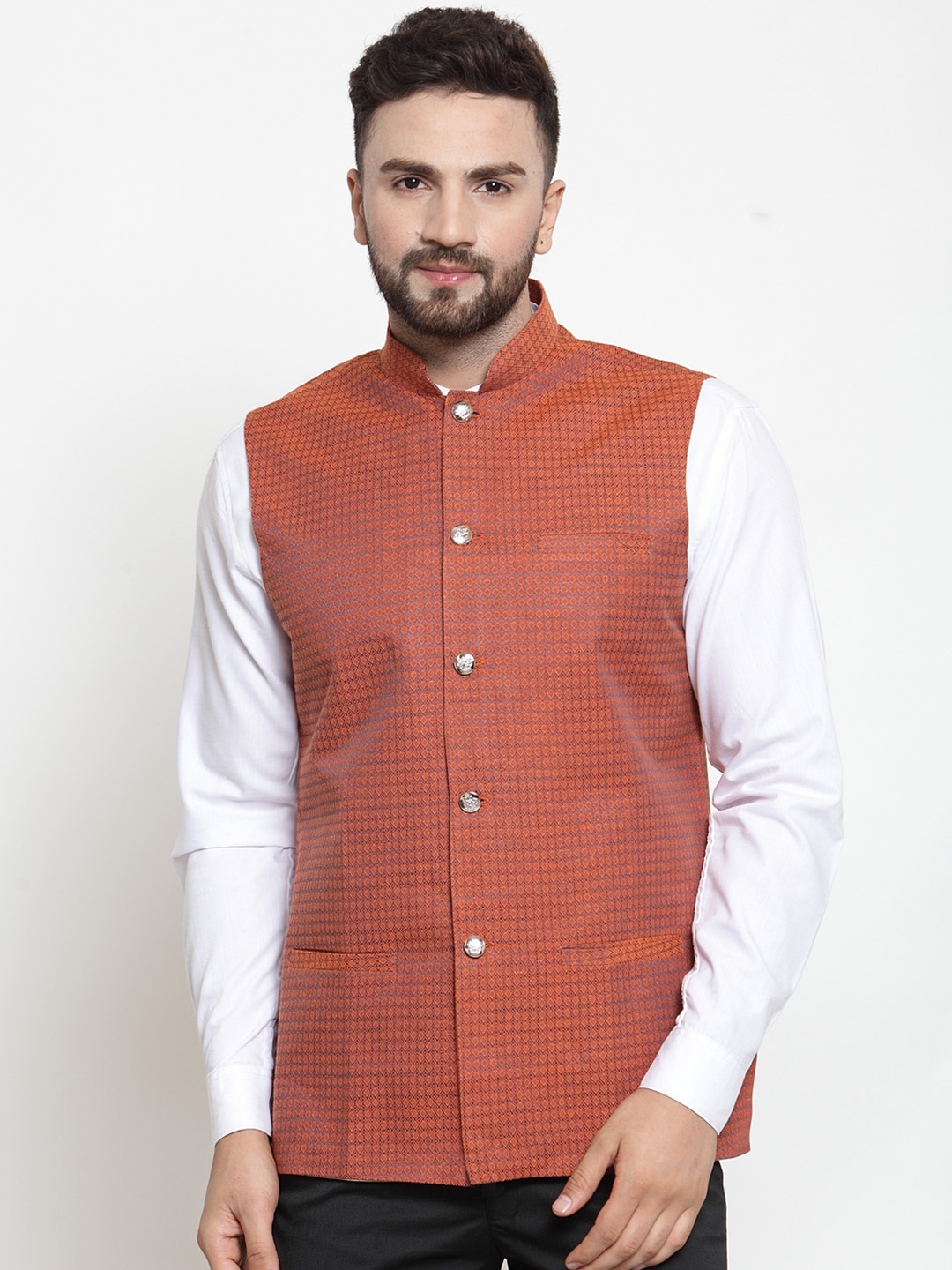 

Jompers Men Orange Woven Design Nehru Jacket