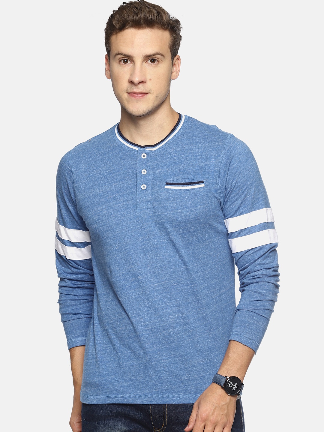 Steenbok Men Blue Slim Fit Solid Henley Neck T-shirt
