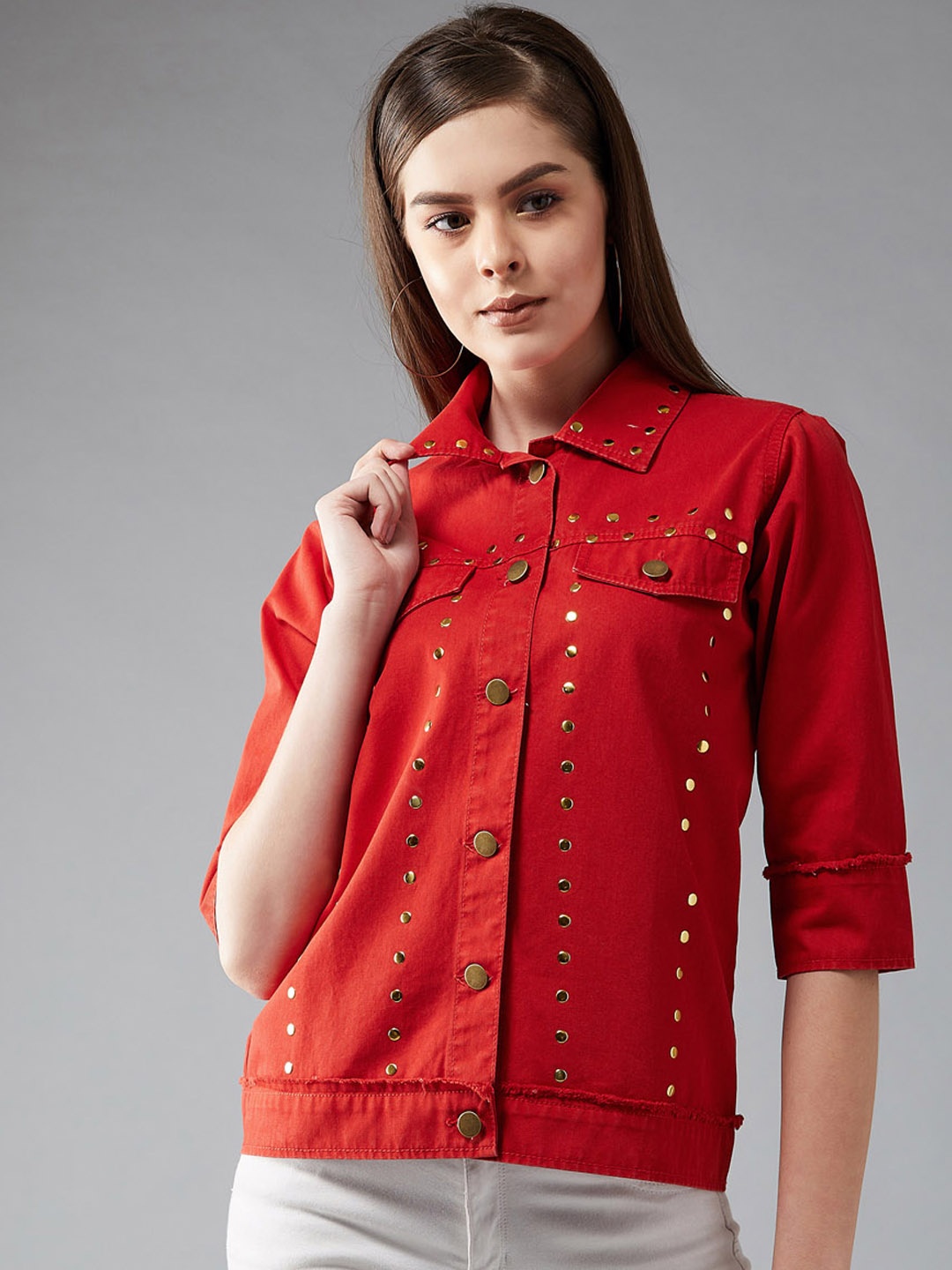 

DOLCE CRUDO Women Red Solid Denim Jacket