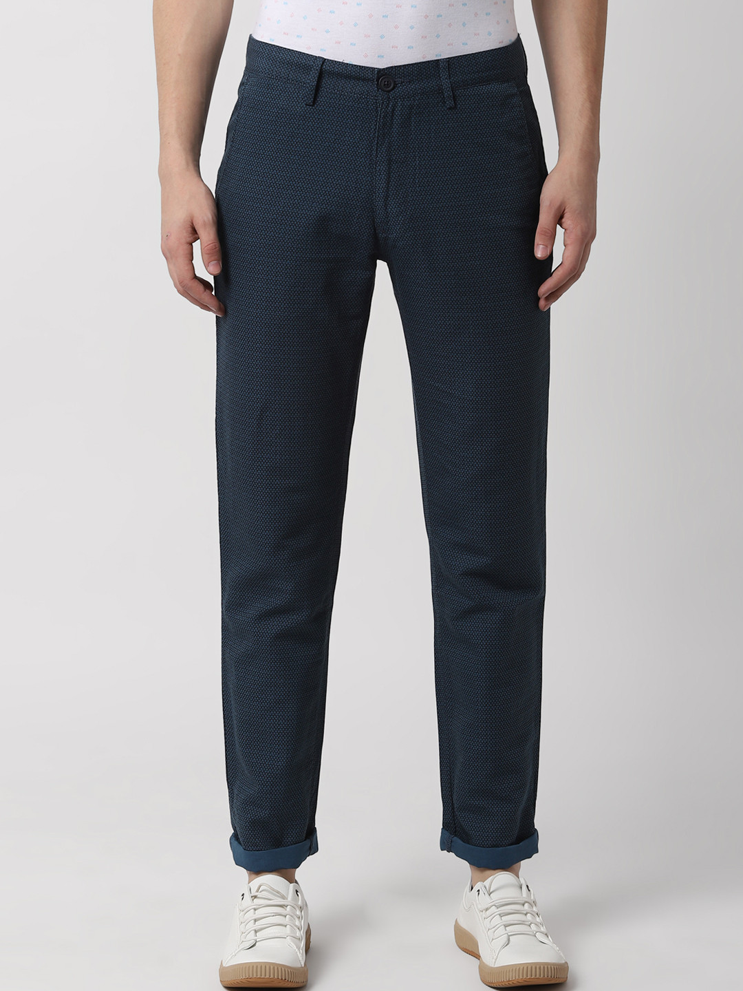 

Peter England Casuals Men Navy Blue Slim Fit Self Design Regular Trousers