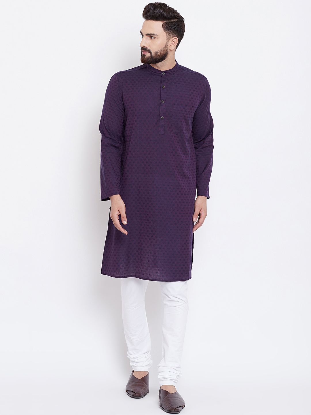 

even Men Purple Woven Design Straight Kurta