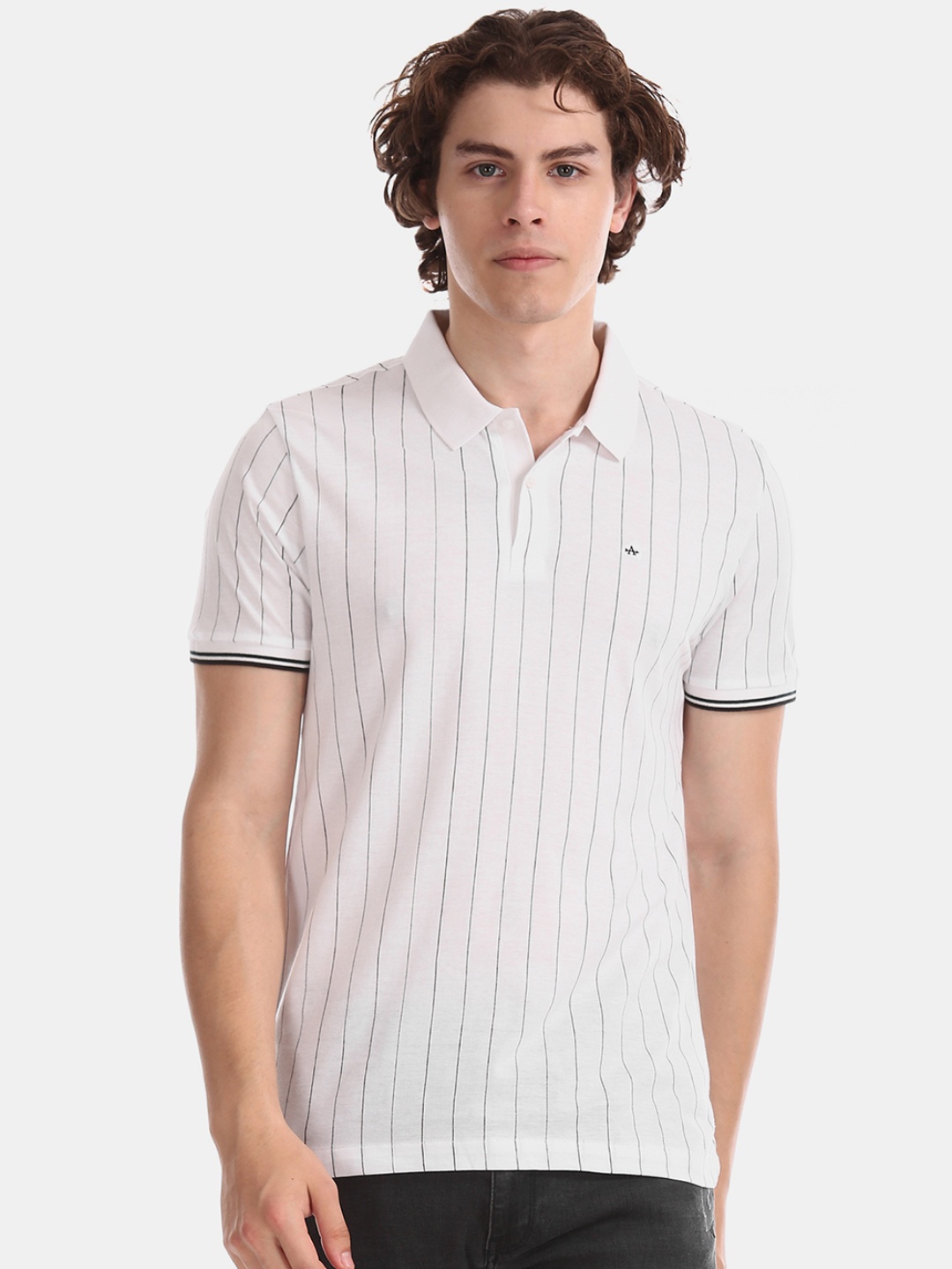 

Arrow Men White Black Striped Polo Collar Pure Cotton T-shirt