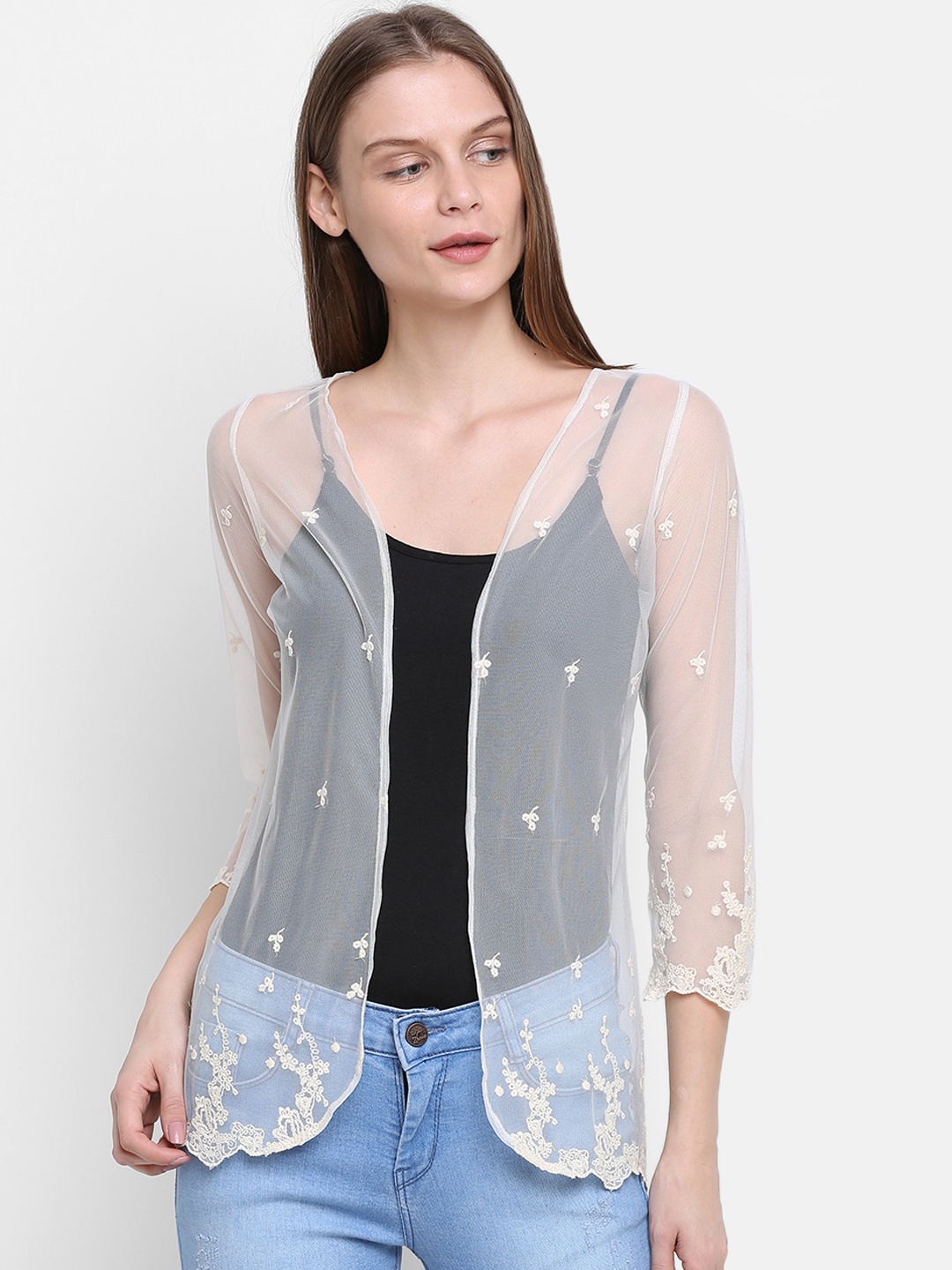 

Rute Women White Embroidered Open Front Shrug