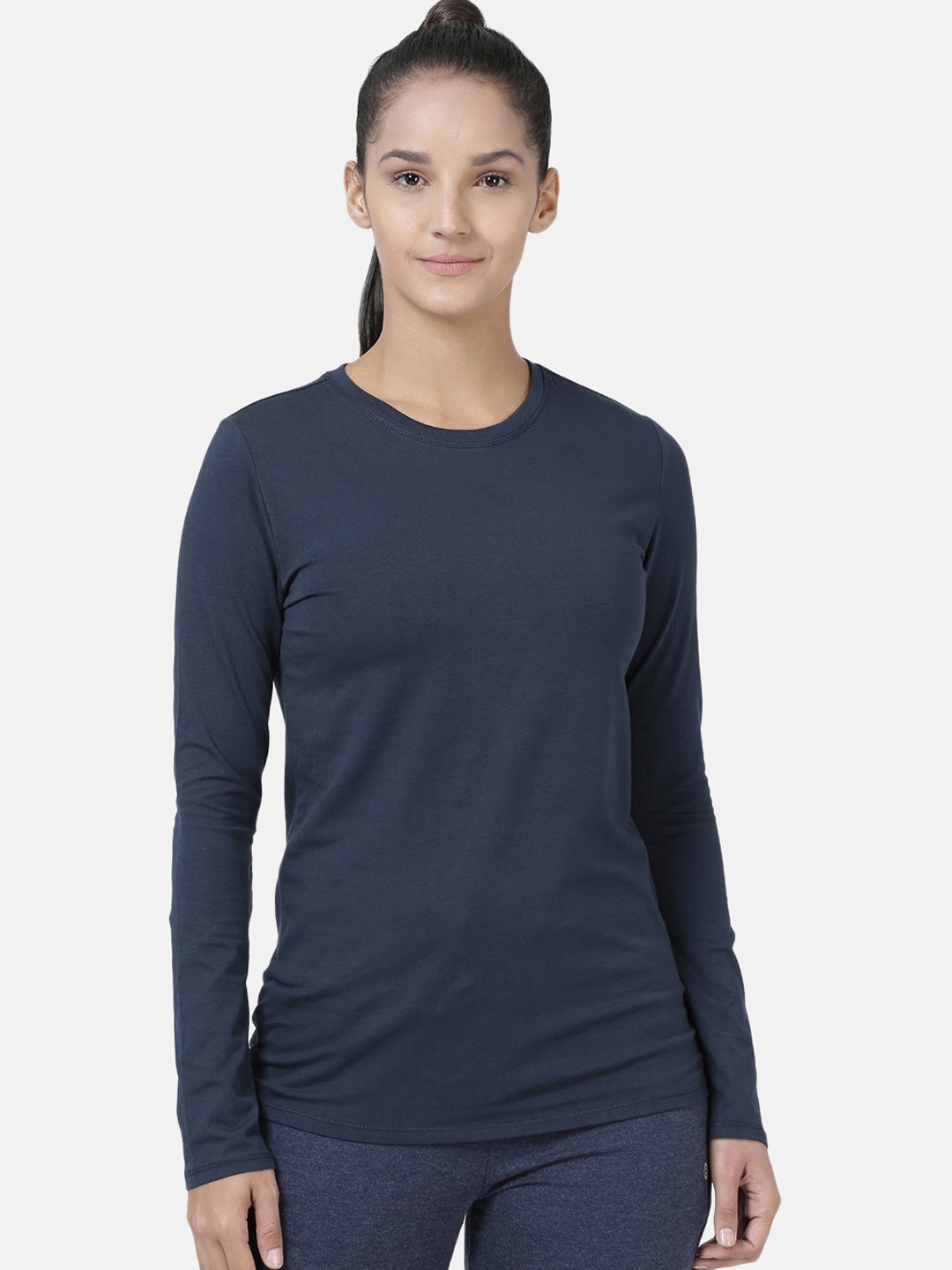 

Enamor Women Navy Slim Fit Long Sleeve Crew T-shirt, Na