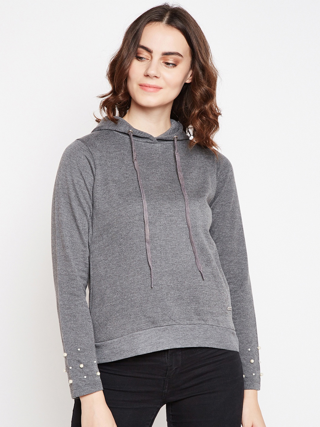 

Taanz Women Grey Solid Hooded Sweatshirt