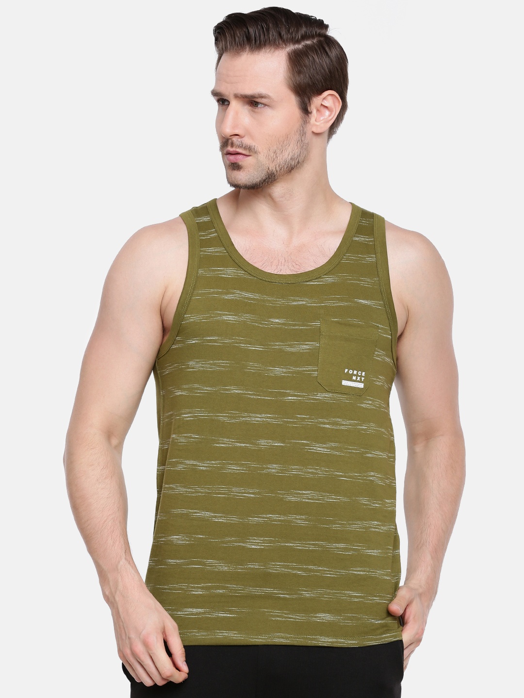 

Force NXT Men Striped Injected Cotton Innerwear Vests, Olive