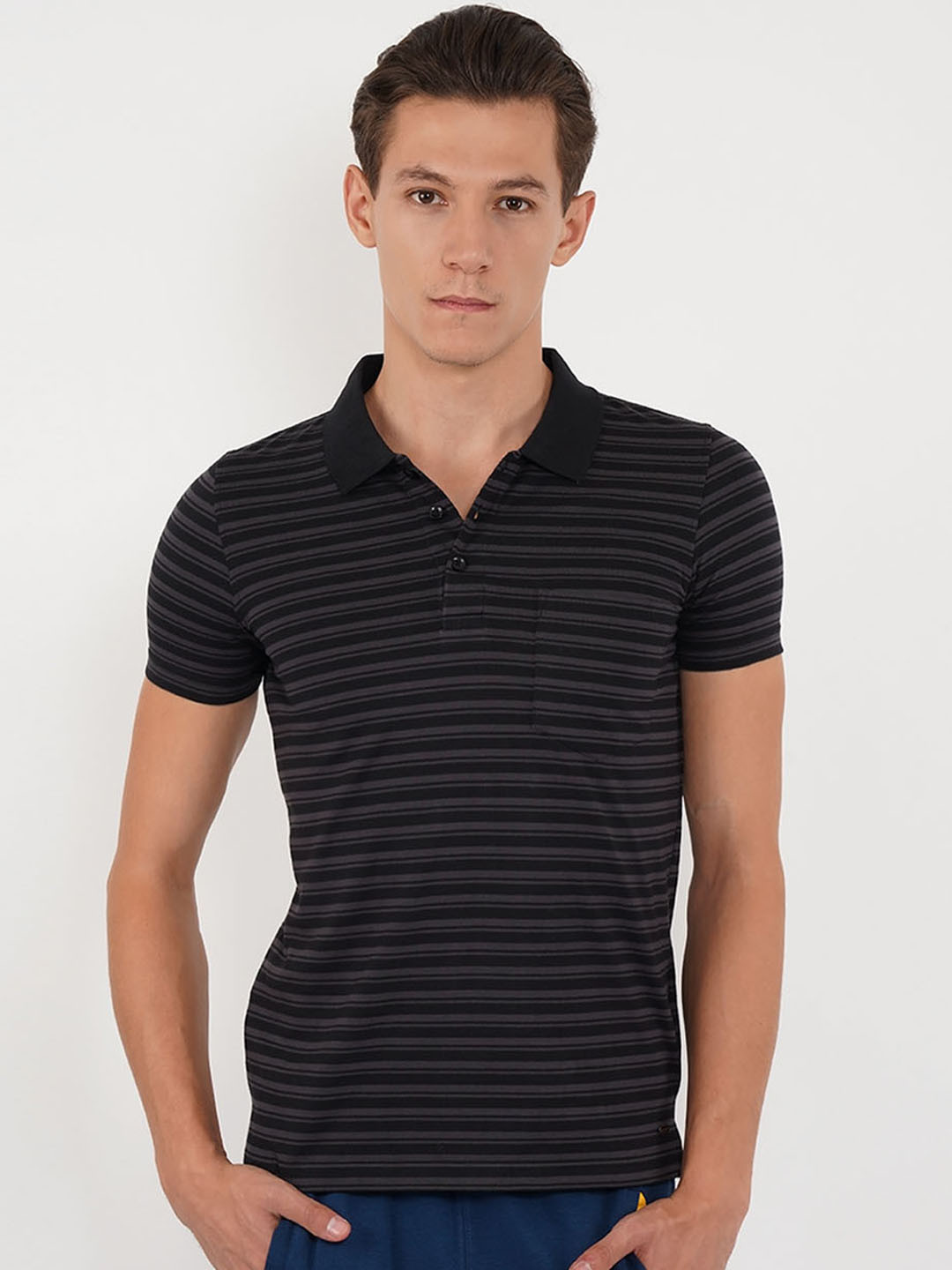 

Sweet Dreams Men Black Striped Polo Collar Lounge Tshirt