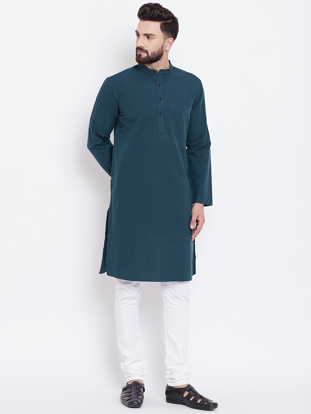 even Men Green Solid Straight Kurta