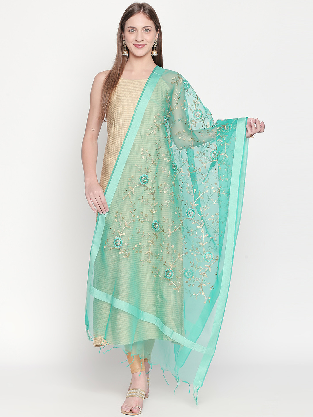 

Dupatta Bazaar Women Sea Green & Gold-Coloured Organza Embroidered Dupatta