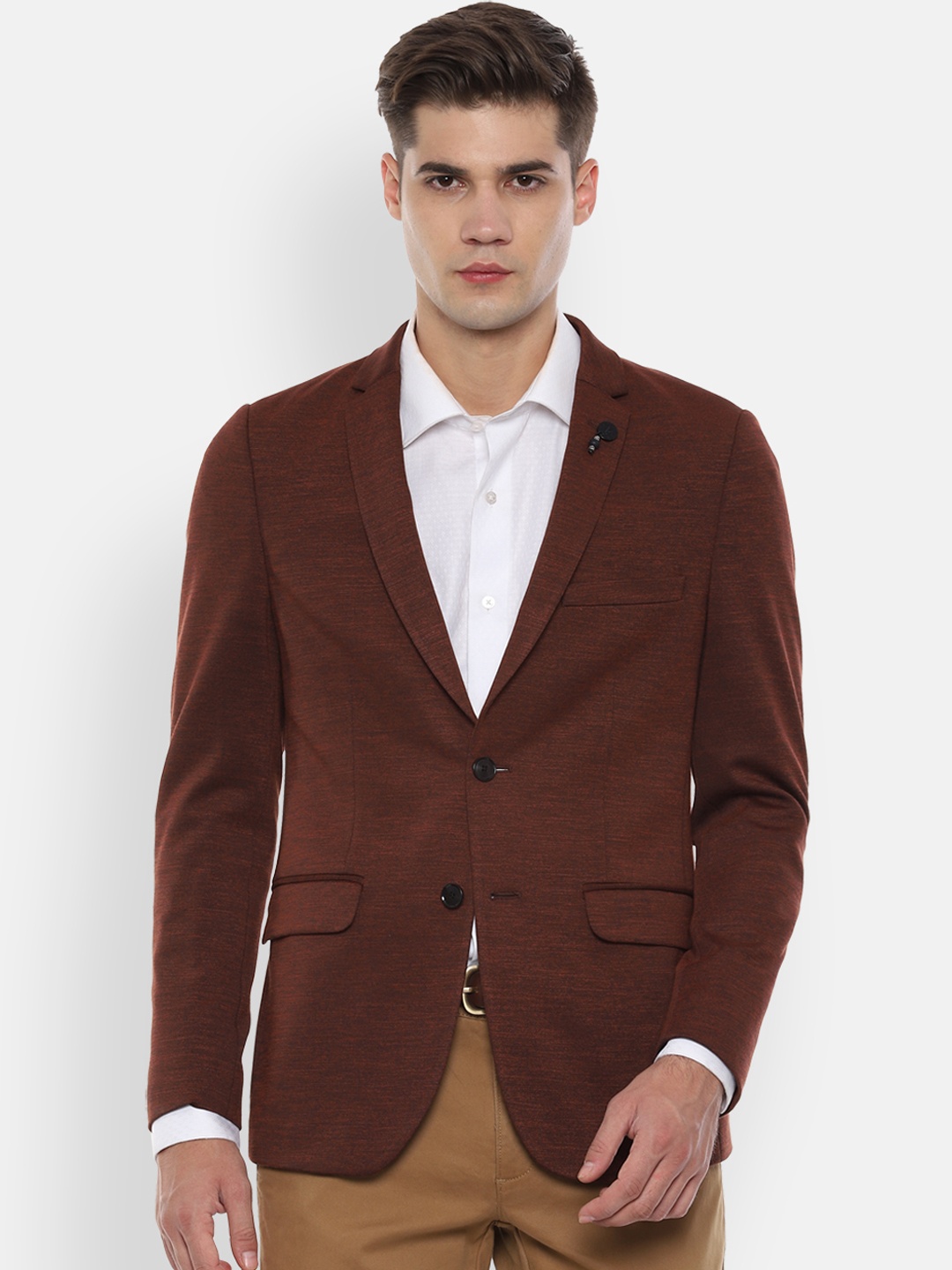 

V Dot Men Brown Solid Slim Fit Single-Breasted Casual Blazer