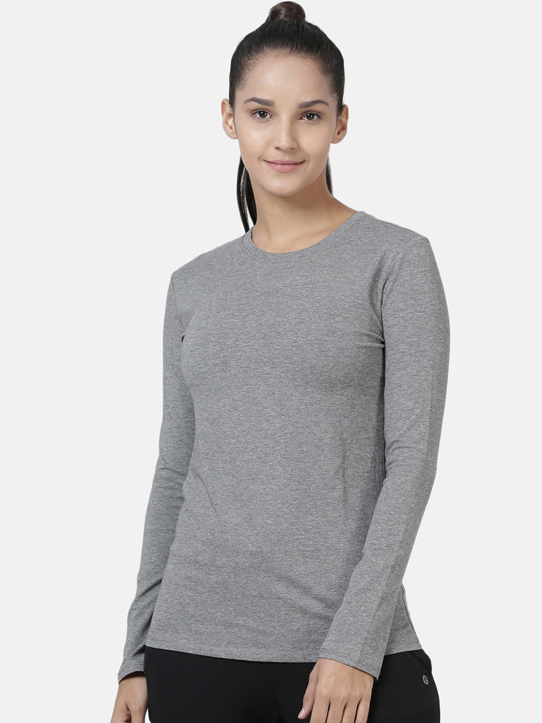 

Enamor Women Basic Crew Neck Stretch Long Sleeves Cotton Tee E057, Grey