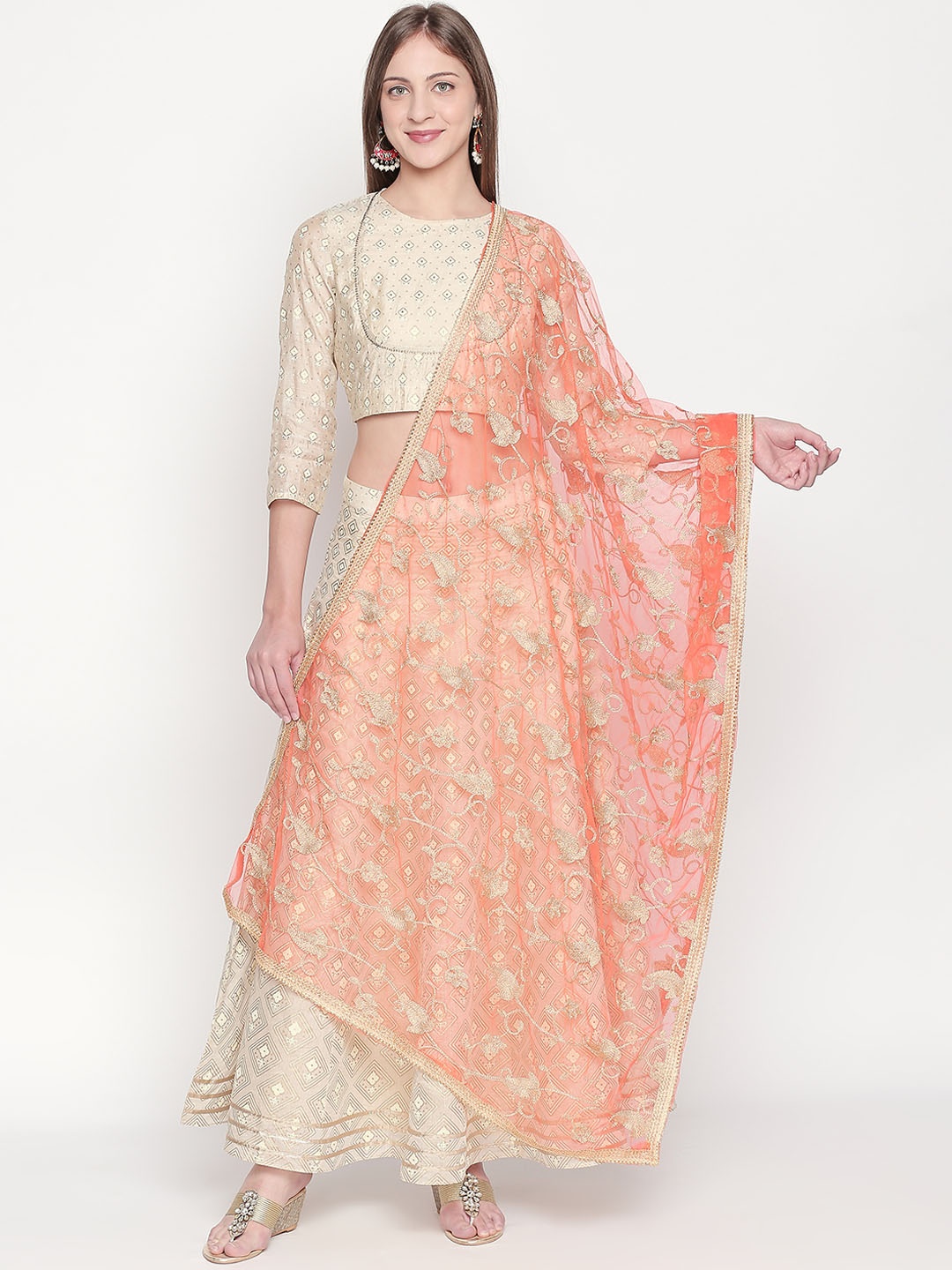 

Dupatta Bazaar Orange & Beige Embroidered Dupatta