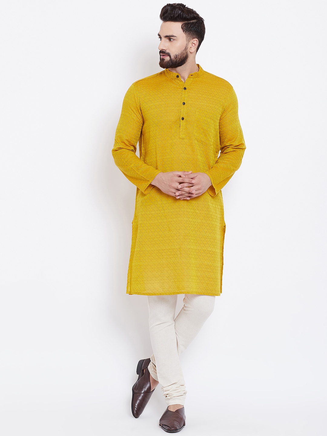 

even Men Mustard Yellow Woven Design Straight Kurta