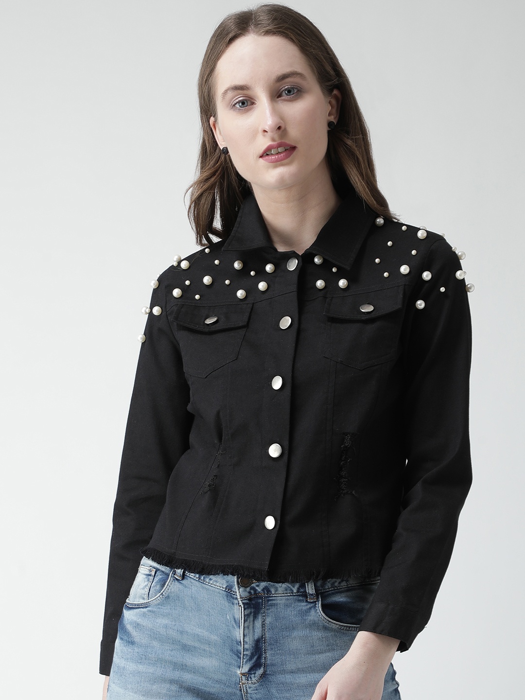 

KASSUALLY Women Black Embellished Solid Denim Jacket